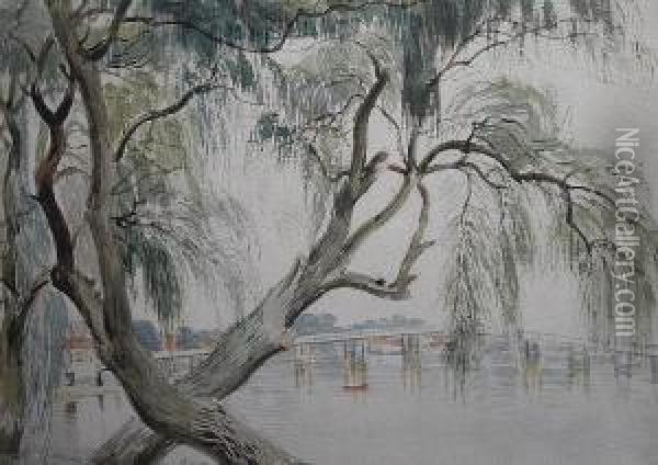Old Battersea Bridge Seen Through A Willowtree From The Lots Oil Painting - Cornelius Varley