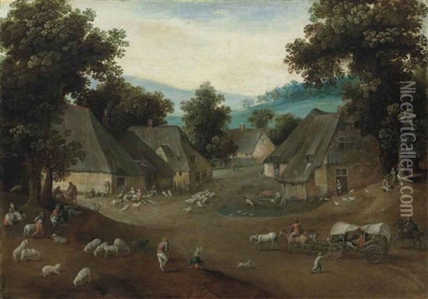 The Month Of July: A Village Landscape With A Horse-drawn Wagon, Peasants And Sheep Oil Painting - Jacob Grimmer