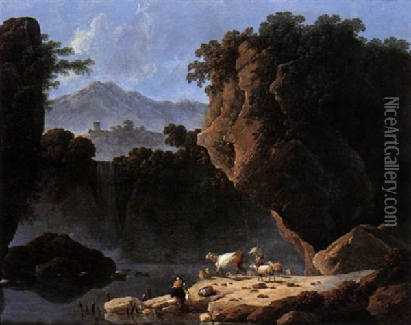 Paysage Montagneux, Bergers Et Troupeau Oil Painting - Jean Baptiste Pillement