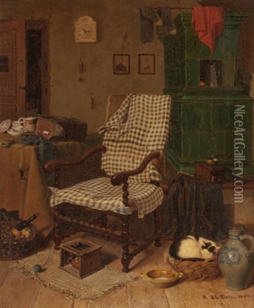 Home Interior With Knitting Chair And Sleeping Cat Oil Painting - Ferdinand Theodor Dose