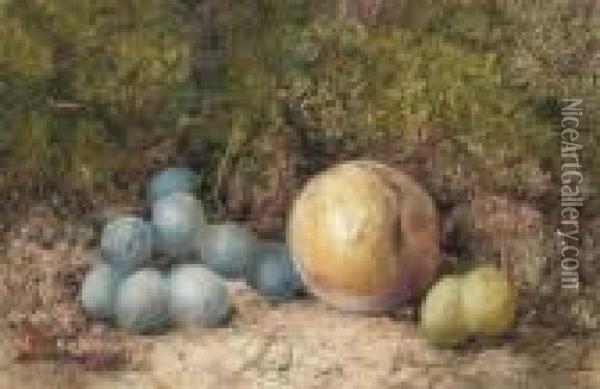 A Still Life Of Grapes And A Peach On A Mossy Bank Oil Painting - William Henry Hunt