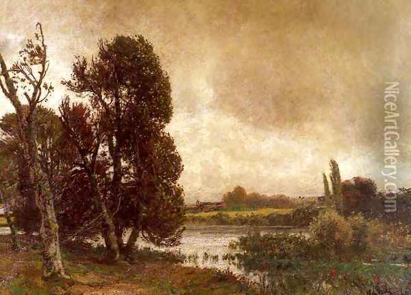 Gewitter Uber Sommerlicher Flusslandschaft (Thunderstorm over a Summer River Landscape) Oil Painting - Adolf Stabli