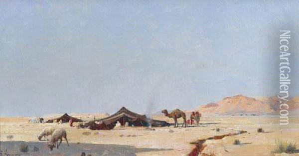 Wustenlandschaft Mit Beduinenzelten, Kamelen Und Schafen Oil Painting - Abraham Hermanjat
