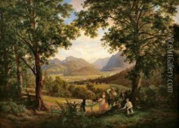 Riposo Durante Il Raccolto Con Veduta Sul Dachstein Oil Painting - Anton Schiffer
