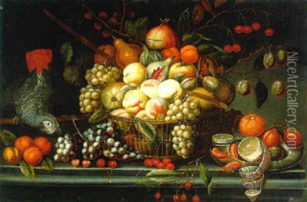 Peaches, Grapes And Other Fruits In A Basket, With A Parrot, Cherries And A Pewter Plate With An Orange, Prawns And A Peeled Lemon On A Stone Ledge Oil Painting - Jan Pauwel Gillemans The Elder