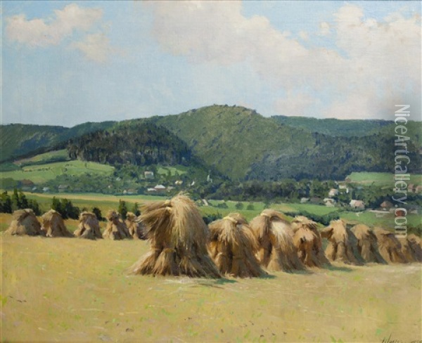Landschaft Mit Garben Oil Painting - Oldrich Hlavsa