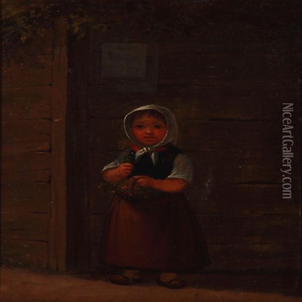 A Girl With A Flower Basket In Front Of A Fence Oil Painting - Johannes Jensen
