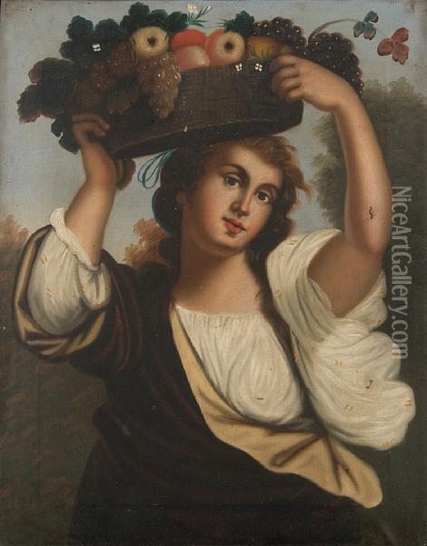 Girl With Basket Of Flowers Oil Painting - Tiziano Vecellio (Titian)