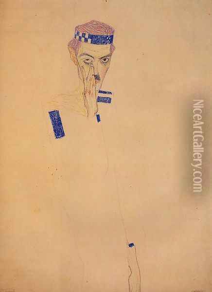 Man With Blue Headband And Hand On Cheek Oil Painting - Egon Schiele