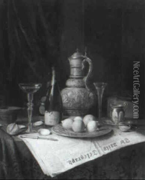 A Table Top Still Life With A Copy Of The Daily Telegraph   And A Bottle Of Moet Chandon Oil Painting - Josef Mansfeld
