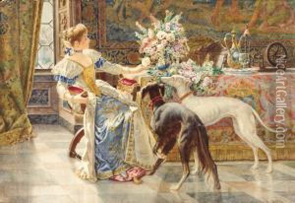 Seated Lady With Greyhounds Oil Painting - Belisario Gioja