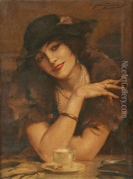Elegante Au Collier De Perles Oil Painting - Jean Leon Henri Gouweloos