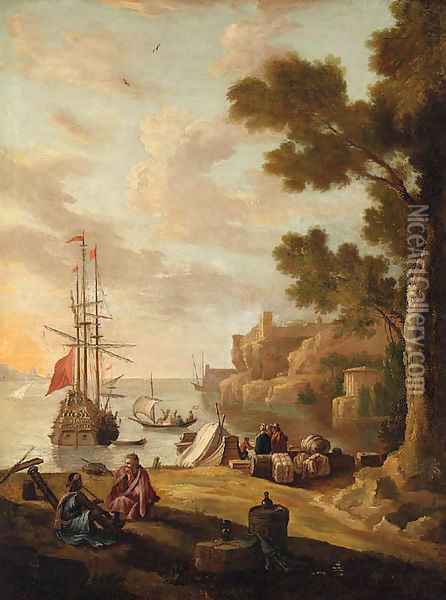 A Mediterranean Coastline with Travellers on the Shore, a Man-o'-War beyond Oil Painting - Jacob De Heusch