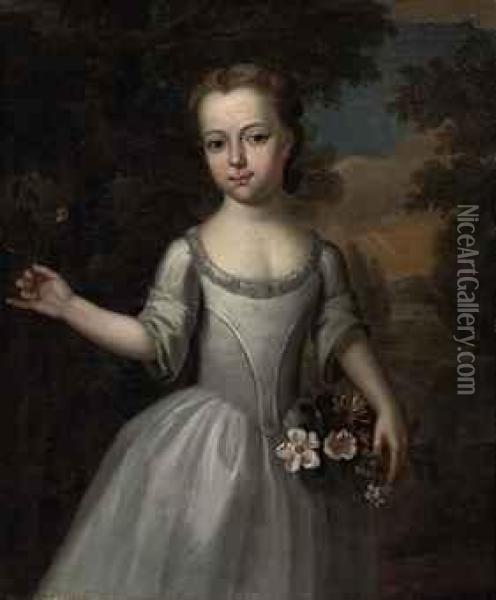 Portrait Of A Young Girl, Three-quarter-length, In A Grey Dress With A Basket Of Flowers In A Landscape Oil Painting - Thomas Bardwell