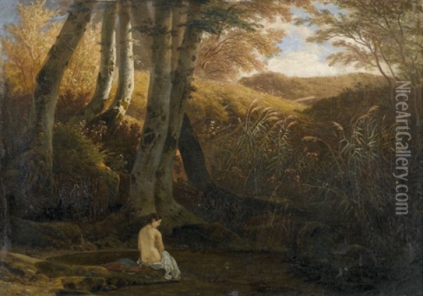 Sitzender Weiblicher Akt An Kleinem Waldsee Oil Painting - Francois Diday