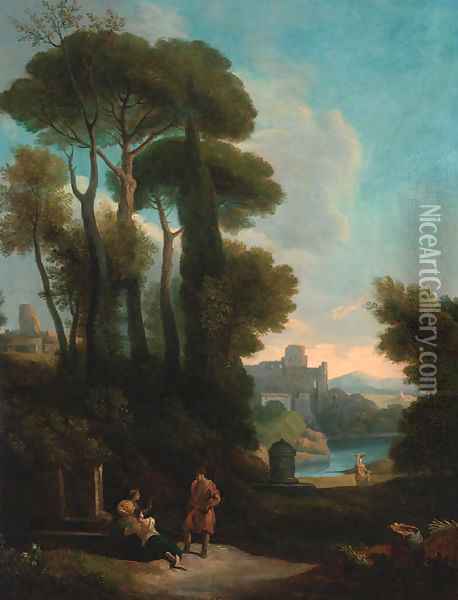 An Italianate landscape with figures resting by a fountain Oil Painting - Jan Frans Van Bloemen (Orizzonte)