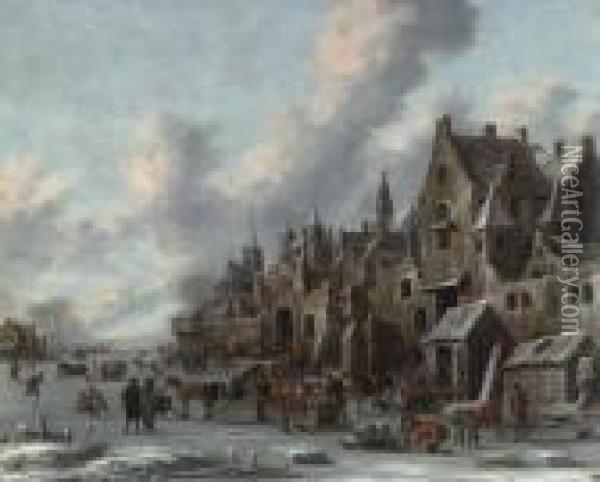 A Frozen Canal Before The Walls Of A Town With Sleigh Und Skaters. 1688. Oil Painting - Thomas Heeremans