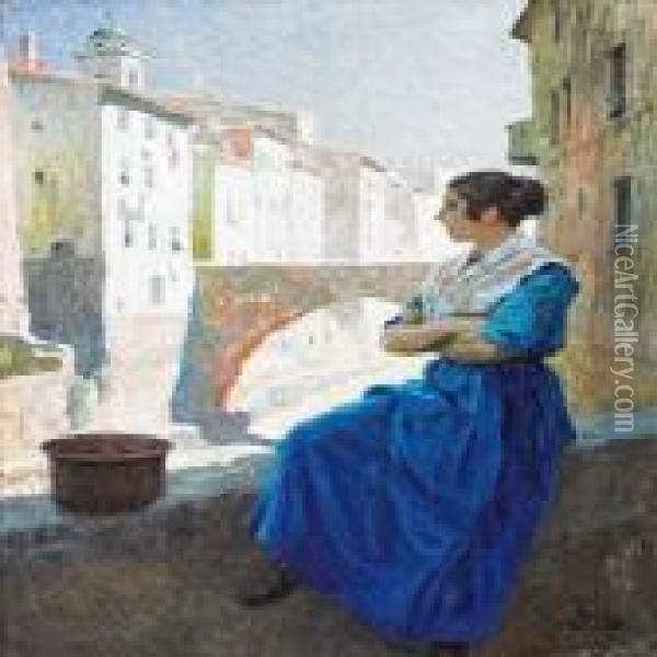 A Young Italien Woman Sitting At A Brigde, San Remo Oil Painting - Paul-Gustave Fischer
