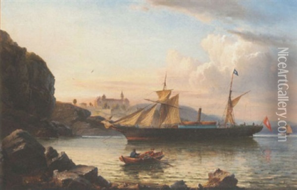 A Hamburg Steamer Anchored Off The North German Coast Oil Painting - Charles Euphrasie Kuwasseg