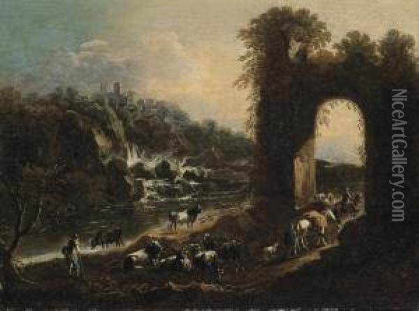 A River Landscape With Drovers And Their Cattle By An Arch, A Waterfall Beyond Oil Painting - Jakob Roos