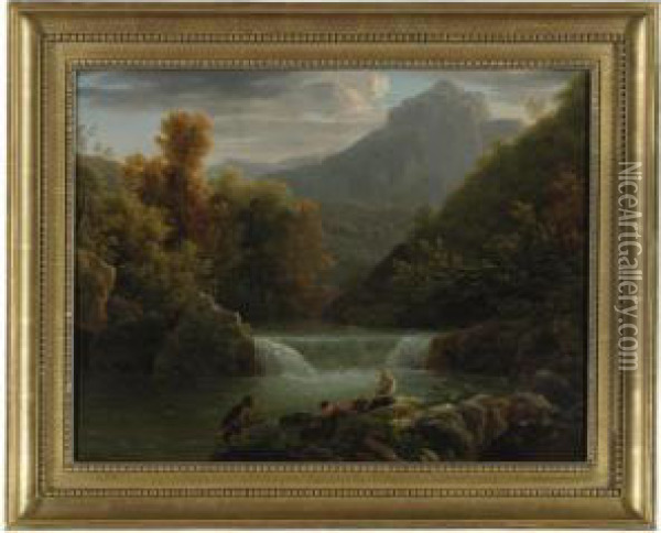 Peasants Resting By A River With A Waterfall Oil Painting - Jean-Joseph-Xavier Bidauld