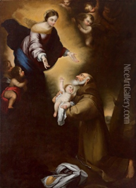 Der Heilige Felix Von Cantalice Empfiehlt Den Jesusknaben Der Madonna Oil Painting - Bartolome Esteban Murillo
