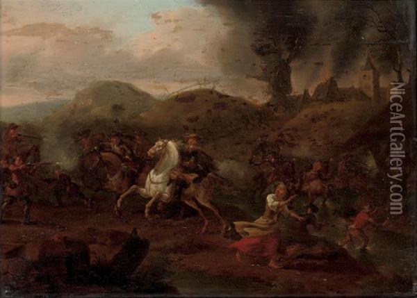 A Cavalry Skirmish, A Burning Village Beyond Oil Painting - Jan von Huchtenburgh
