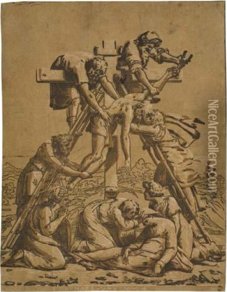The Descent From The Cross Oil Painting - Ugo Da Carpi