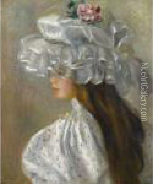 Femme Au Chapeau Blanc Oil Painting - Pierre Auguste Renoir