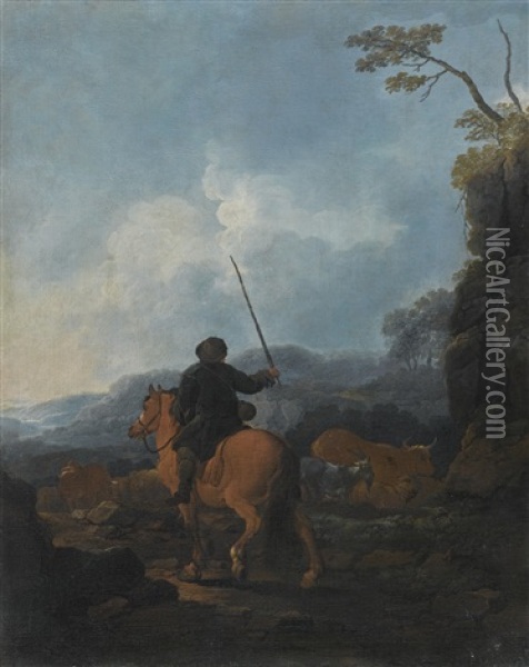 A Shepherd Riding A Horse And Leading His Flock In A Landscape Oil Painting - Johann Melchior Roos