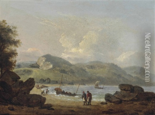 Fishing Boats Returning To The Beach On The Devonshire Coast Oil Painting - Thomas Luny