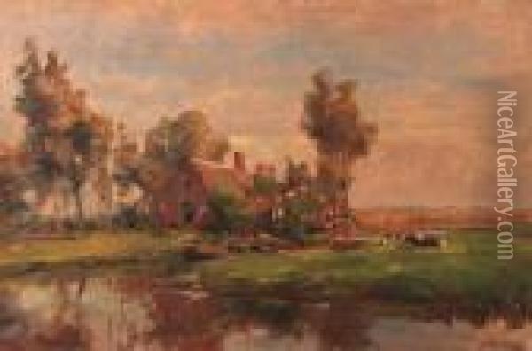 A Sunlit Farmyard Along A Canal Oil Painting - Jan Hillebrand Wijsmuller