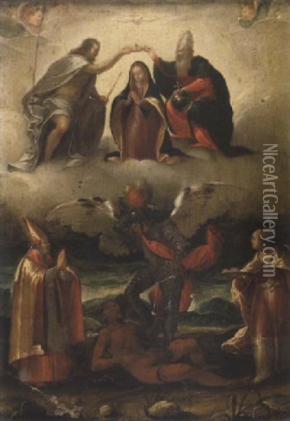 The Coronation Of The Virgin With Saints Carlo Borromeo, Agatha And Saint Michael Vanquishing The Devil Oil Painting - Jacopo Ligozzi