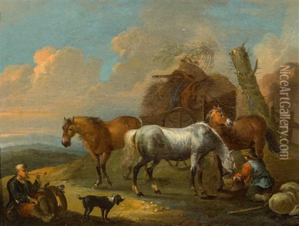 Rastende Fahrensleute Mit Drei Pferden Oil Painting - August Querfurt