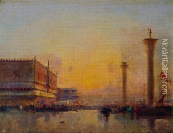 Piazzetta Di San Marco Mit Dogenpalast Bei Sonnenuntergang Oil Painting - Henri Duvieux