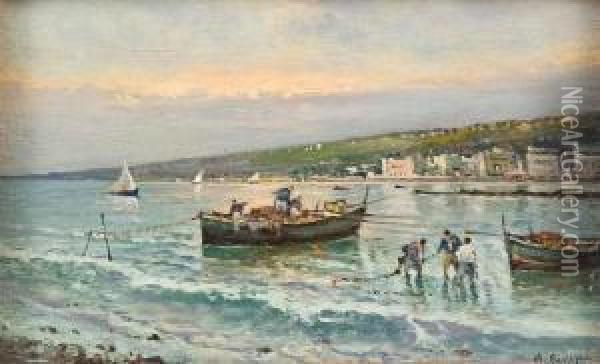 Barche E Pescatori Alla Riva Oil Painting - Raimpondo Scoppa