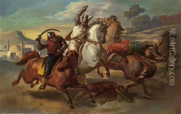 Ein Kreuzritter Kampft Mit Zwei Osmanen Auf Einer Zugbrucke Oil Painting - Karl von Blaas