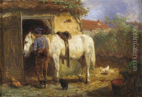 A Farmer With His Horse By A Stable Oil Painting - Anton Mauve