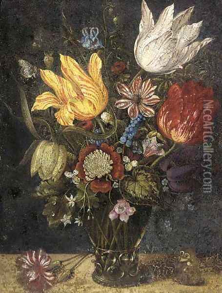 Parrot tulips and other flowers in a roemer, with a carnation and a butterfly on a ledge Oil Painting - Ambrosius the Elder Bosschaert