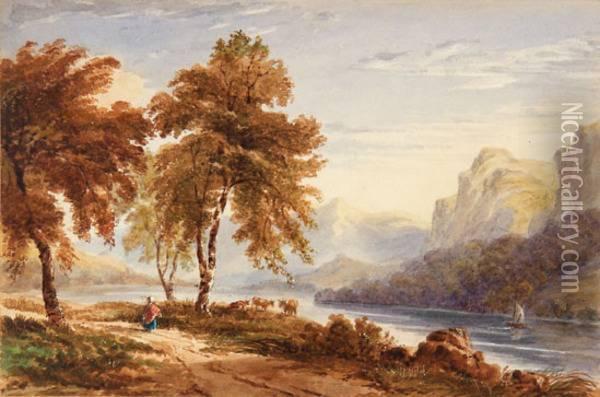 A Mountain River Landscape With A Figure And Cattle Oil Painting - Anthony Vandyke Copley Fielding