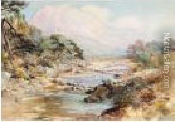 A River With Mountains Beyond Oil Painting - Paul Jacob Naftel