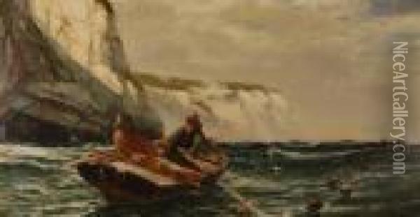 Fishermen Ina Rowing Boat Passing The Cliffs Oil Painting - Edwin Ellis
