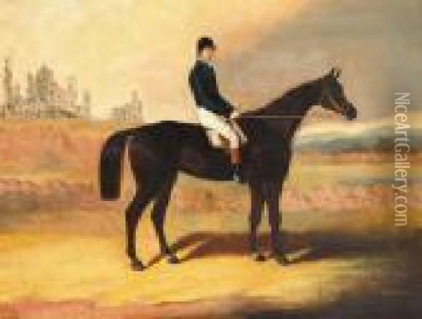 A Dark Bay Racehorse With Jockey
 Up And A View Of Abbey Ruins Beyond Signed Lower Left Oil On Canvas 71 
By 91cm., 28 By 36in. Possibly A View Of The Rock Of Cashel, Co. 
Tipperary Oil Painting - Samuel Spode