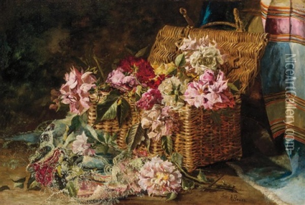 Still Life Of Roses In Wicker Basket Oil Painting - Julie Hart Beers
