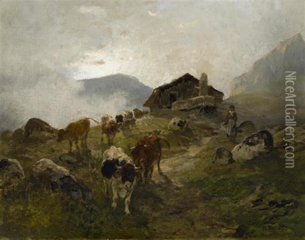 Cows In The Mountain Pasture Oil Painting - Hermann Baisch