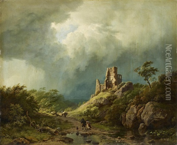 Travellers Passing A Ruined Castle In A Stormy Landscape Oil Painting - Barend Cornelis Koekkoek