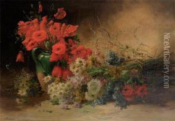 Bouquet De Fleurs Aux Coquelicots Sur Toile Sur D'origine Oil Painting - Andre Perrachon