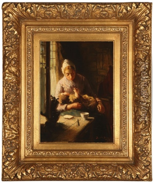 Woman And Child In A Dutch Interior Oil Painting - Bernard de Hoog