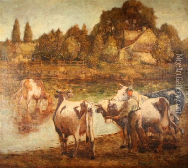 New England Farm With Cows Oil Painting - George Arthur Hays