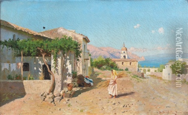 Scene Of Taormina Oil Painting - Mario Mirabella